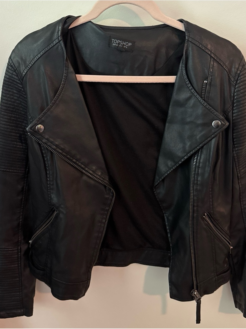 Topshop Black Faux Leather Moto Jacket with Quilted Sleeves